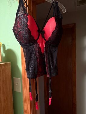Black Lace Bustier with Red Lining and Garter Straps
